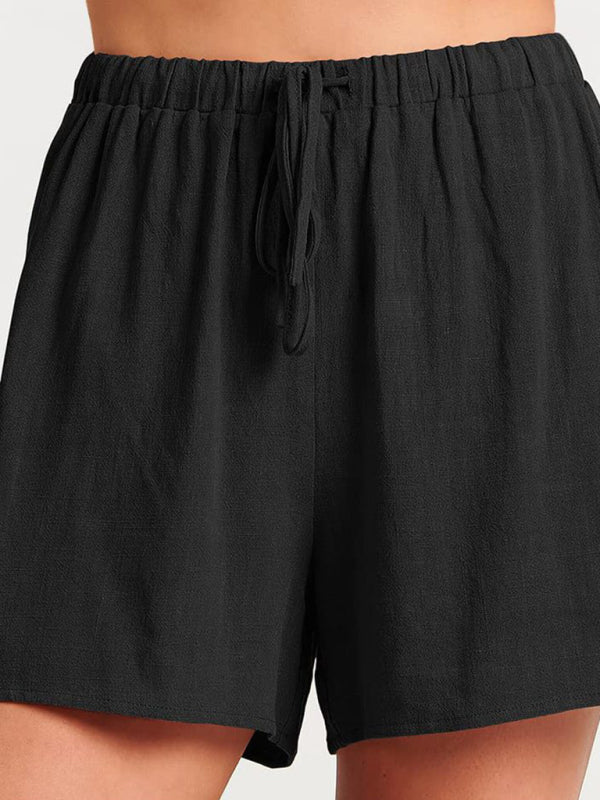 Women’s woven solid color sleeveless loose cotton linen top shorts two-piece set