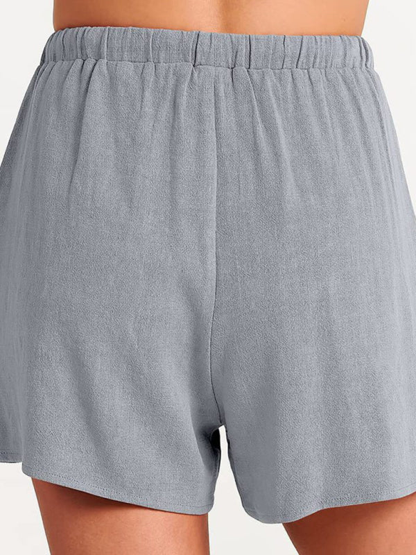 Women’s woven solid color sleeveless loose cotton linen top shorts two-piece set