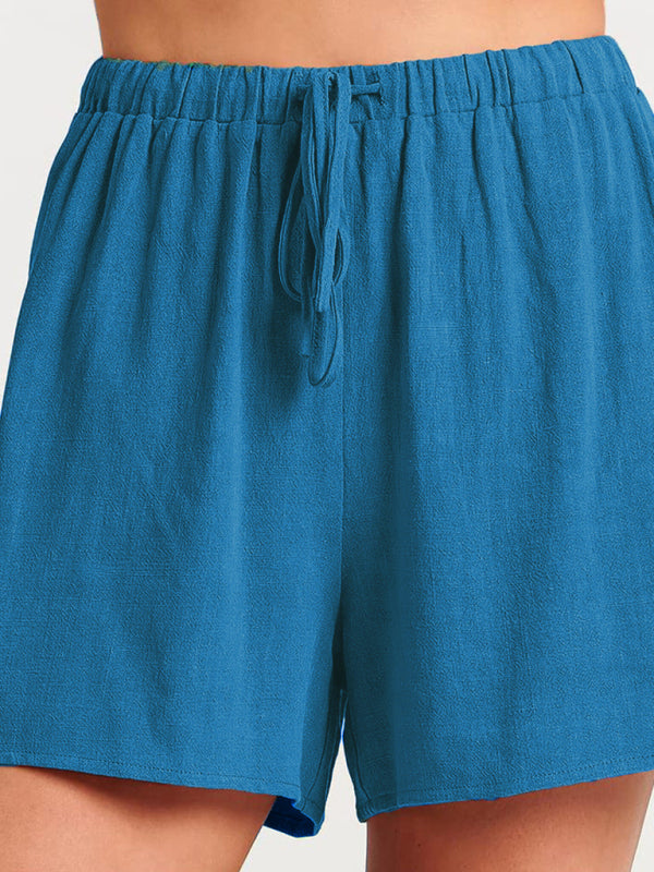 Women’s woven solid color sleeveless loose cotton linen top shorts two-piece set