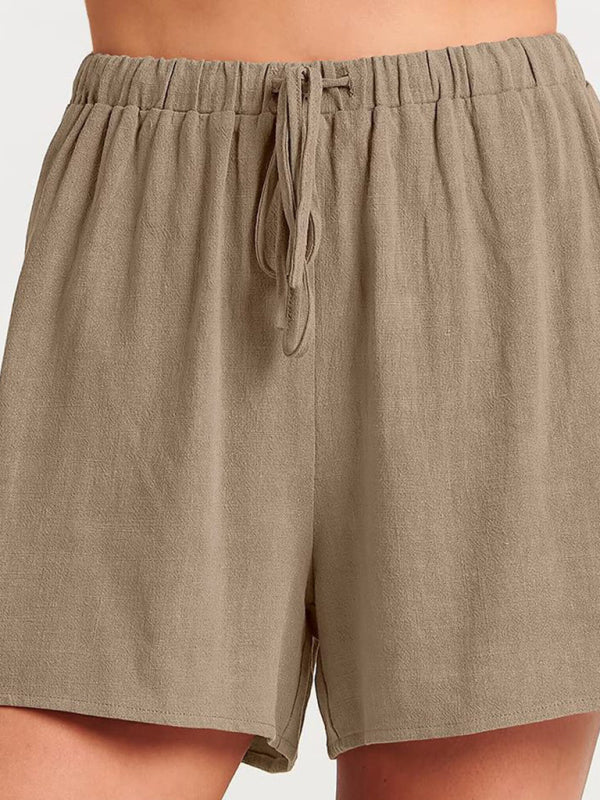 Women’s woven solid color sleeveless loose cotton linen top shorts two-piece set