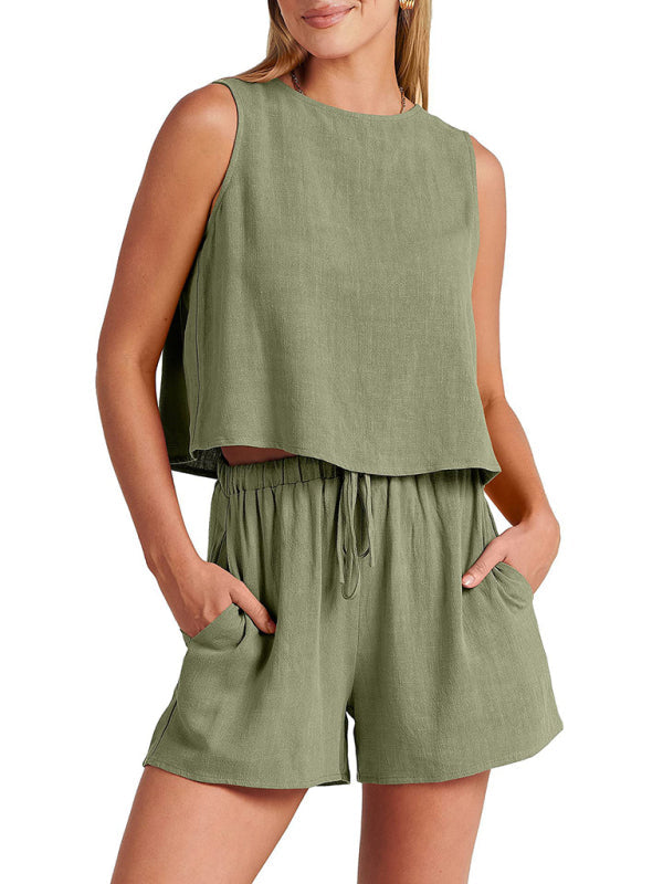 Women’s woven solid color sleeveless loose cotton linen top shorts two-piece set