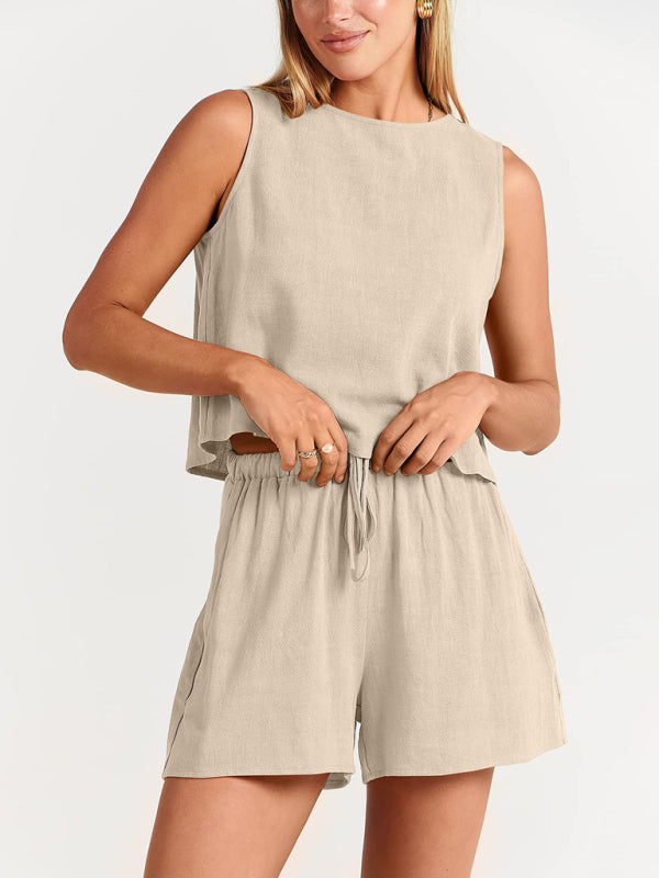 Women’s woven solid color sleeveless loose cotton linen top shorts two-piece set - Cracker khaki / S