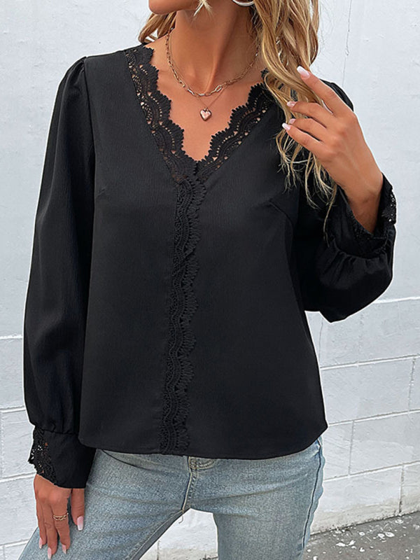 Women’s woven V-neck lace long-sleeved shirt