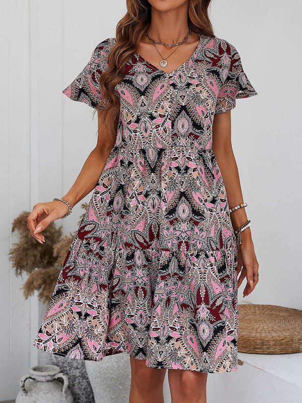 Women’s Woven V Neck Loose Paisley Print Dress