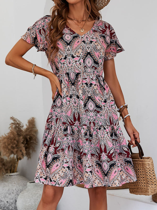 Women’s Woven V Neck Loose Paisley Print Dress