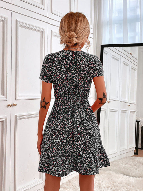 Elegant floral print mini dress with woven V neck and short sleeve design
