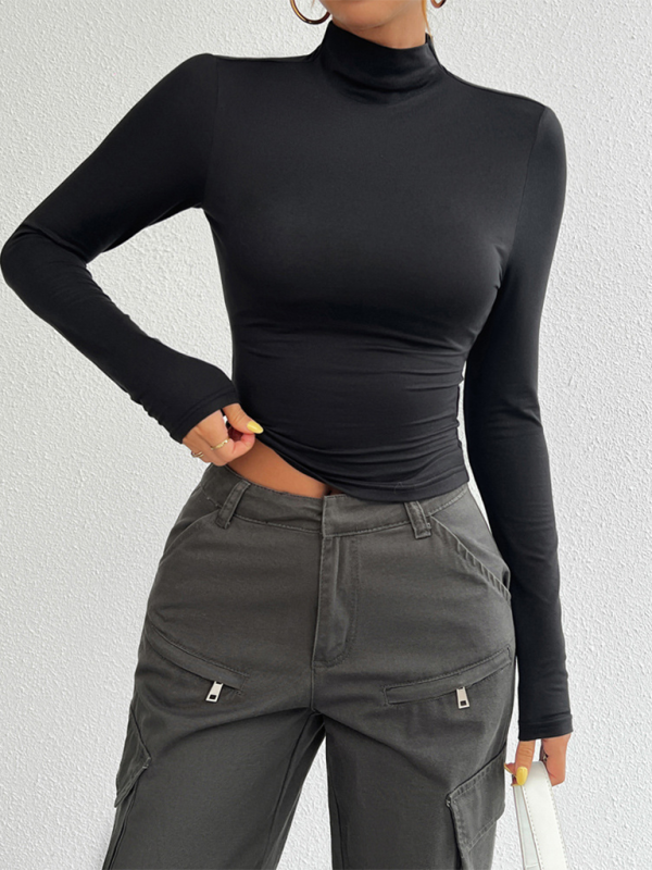 Women’s Y2K Slim Fit Solid Color Knitted Bottom Long Sleeve Top - Black / S