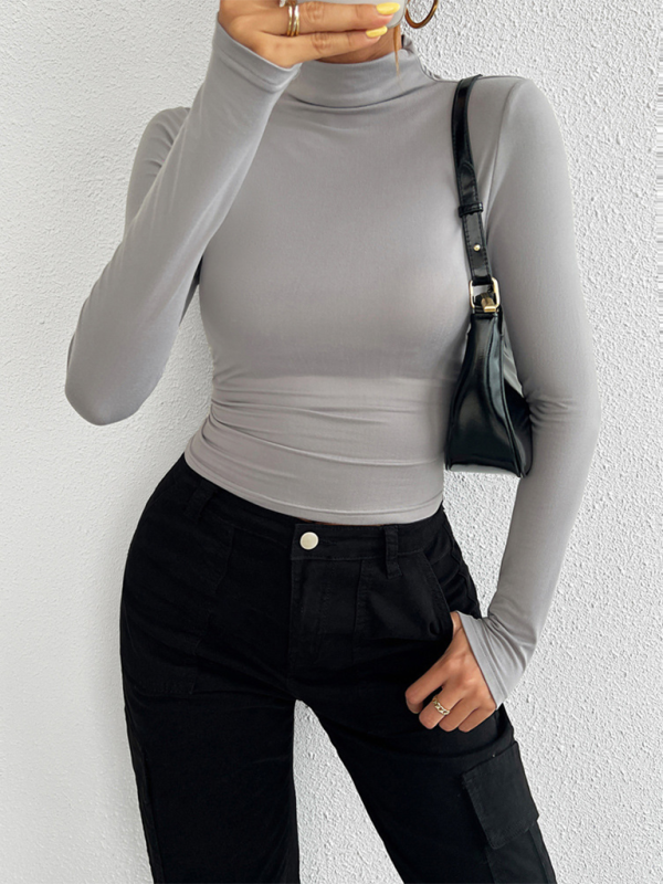 Women’s Y2K Slim Fit Solid Color Knitted Bottom Long Sleeve Top - Grey / S