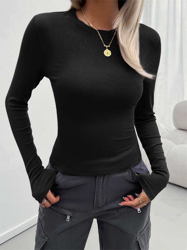 Women’s Y2k Temperament Slim Round Neck Long Sleeve Top - Black / S
