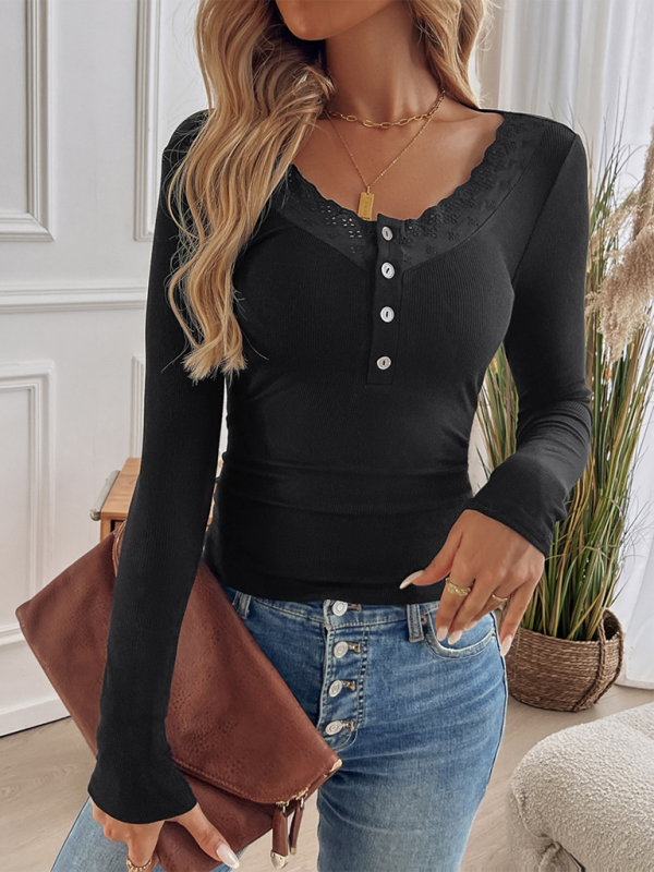 Black long-sleeve knitted top with lace trim and threaded buttons perfect for Women’s Y2K style