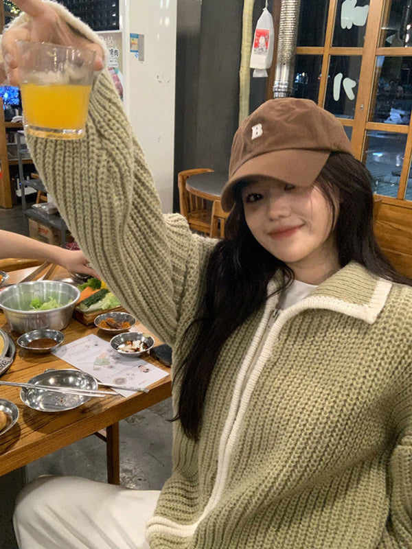 women’s zipper lapel loose knit sweater