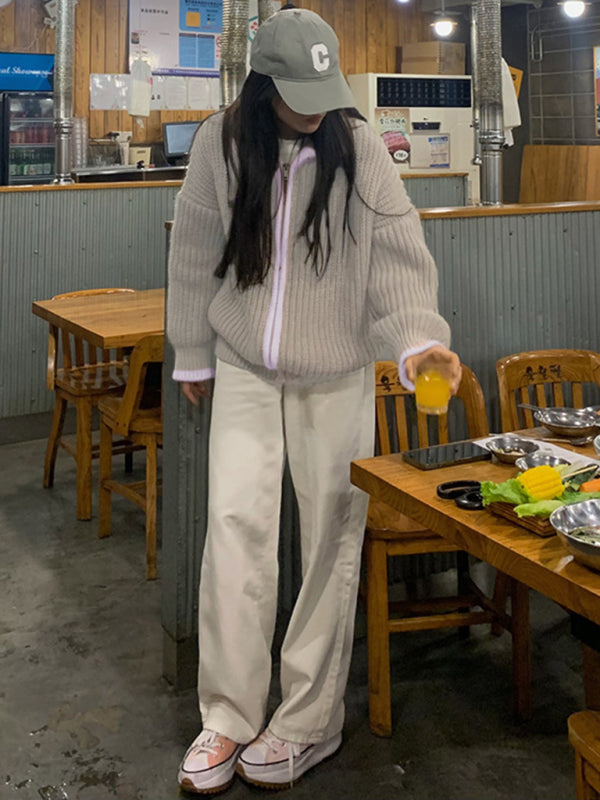 women’s zipper lapel loose knit sweater