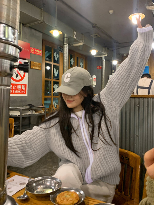 women’s zipper lapel loose knit sweater