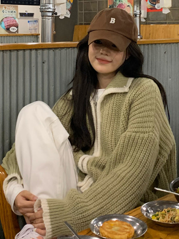 women’s zipper lapel loose knit sweater