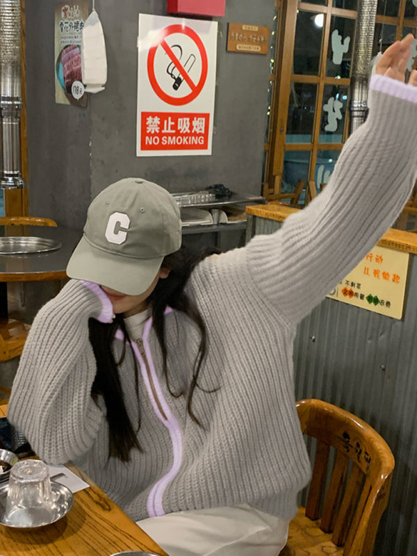 women’s zipper lapel loose knit sweater