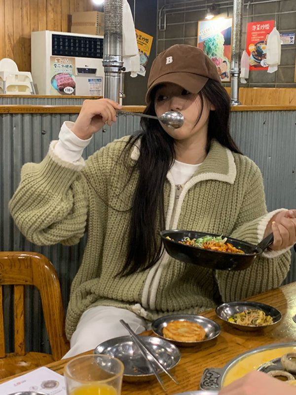 women’s zipper lapel loose knit sweater - Green / F