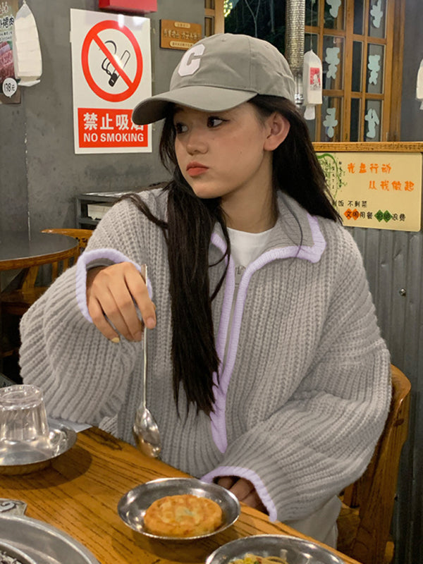 women’s zipper lapel loose knit sweater - Grey / F