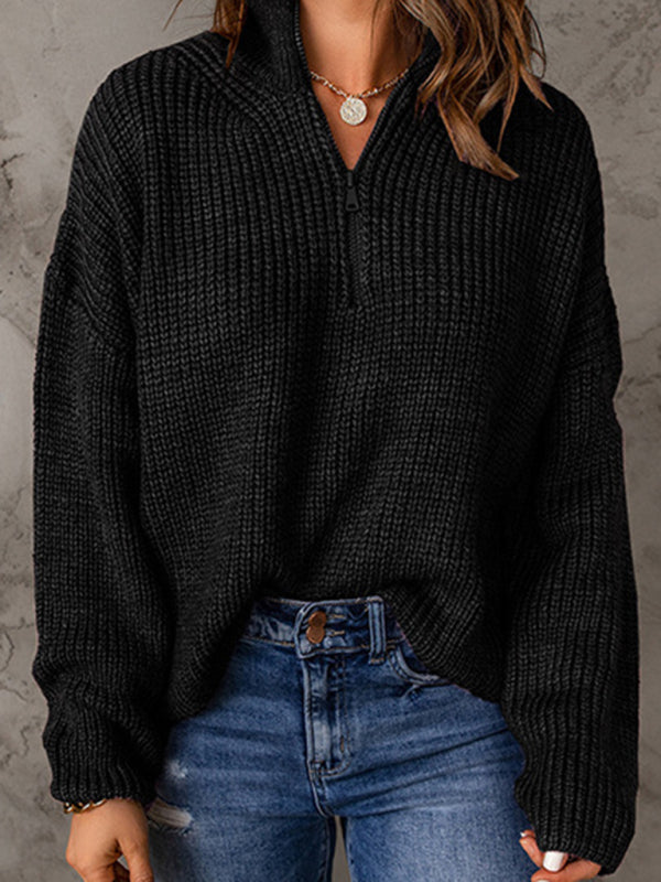 Women’s zippered loose turtleneck long sleeve pullover sweater - Black / S