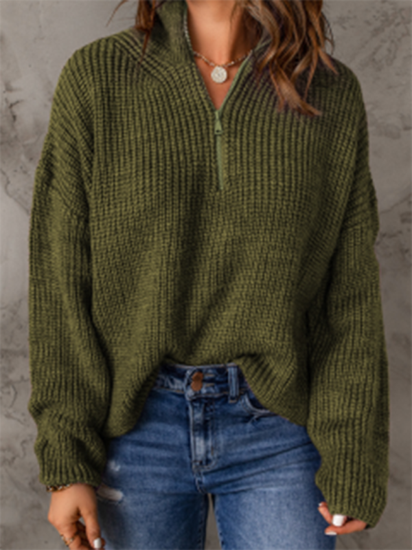 Women’s zippered loose turtleneck long sleeve pullover sweater - Green / S