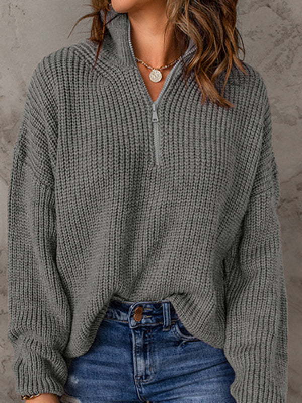 Women’s zippered loose turtleneck long sleeve pullover sweater - Grey / S