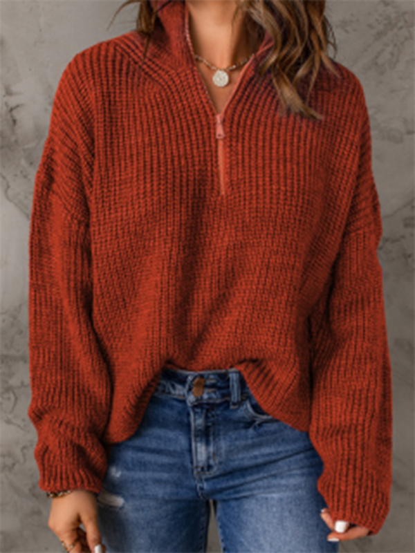 Women’s zippered loose turtleneck long sleeve pullover sweater - Red / S