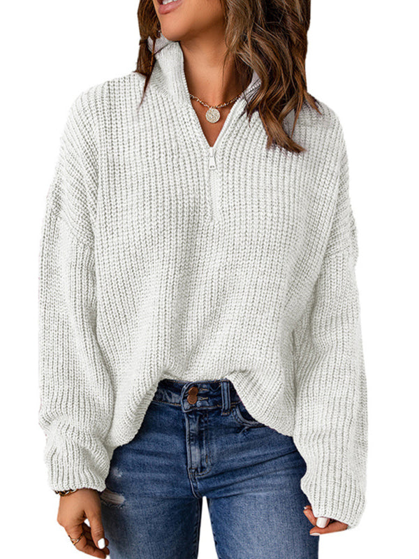 Women’s zippered loose turtleneck long sleeve pullover sweater - White / S