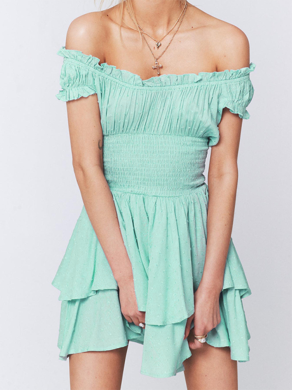 Wood ear side pleated sleeves waist tight irregular hem cake skirt dress