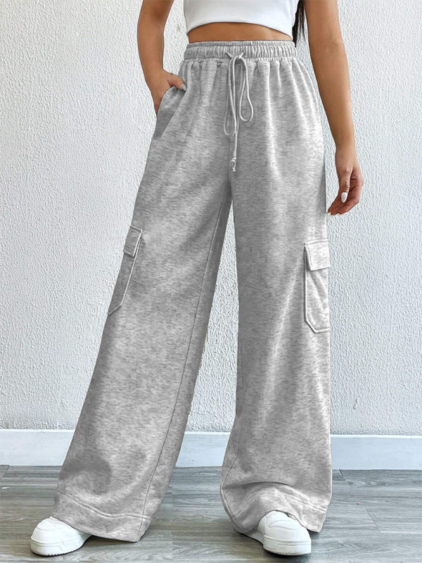 Workwear wide-leg casual pants casual style high waist pocket pants - Grey / S
