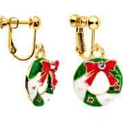 Clear CZ Gem Gold Plated Christmas Wreath Clip On Earrings