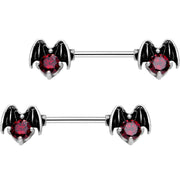 14G 9/16 Dark Red Gem Halloween Night Bat Barbell Nipple Ring Set