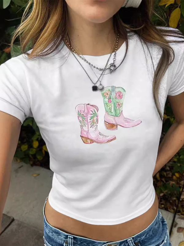 Y2K Boots Print Short Fashion Hot Girls T-Shirt - White / XS