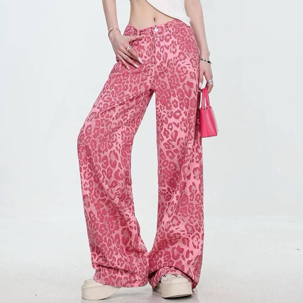 Y2K FLARED DENIM JEANS WITH LEOPARD PRINT PATTERN