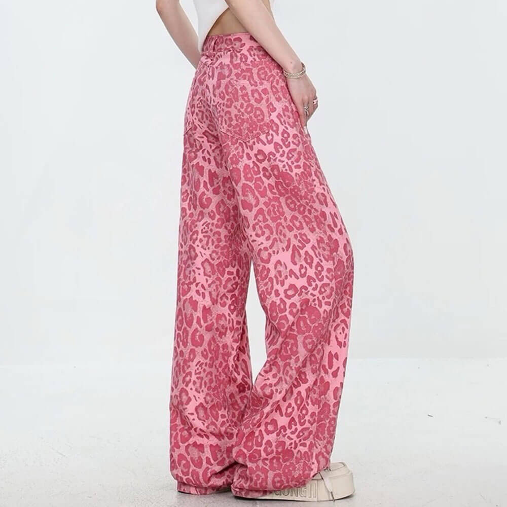 Y2K FLARED DENIM JEANS WITH LEOPARD PRINT PATTERN