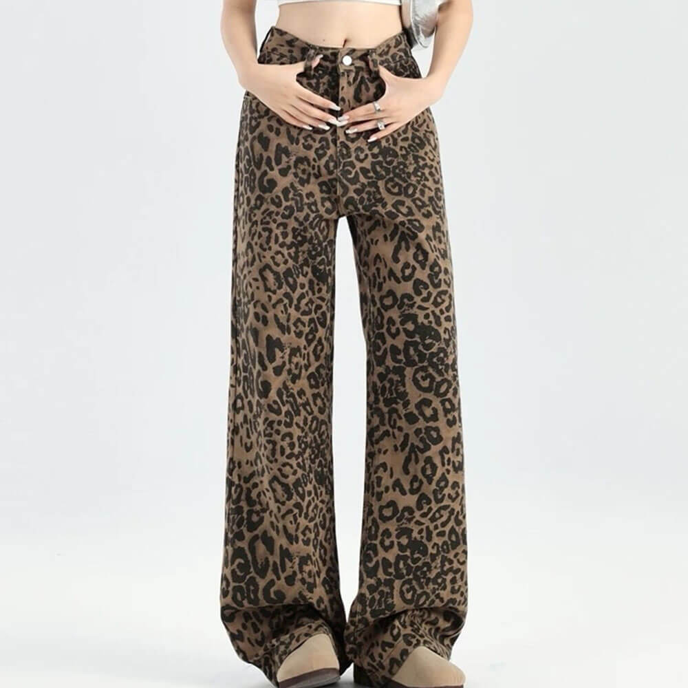 Y2K FLARED DENIM JEANS WITH LEOPARD PRINT PATTERN