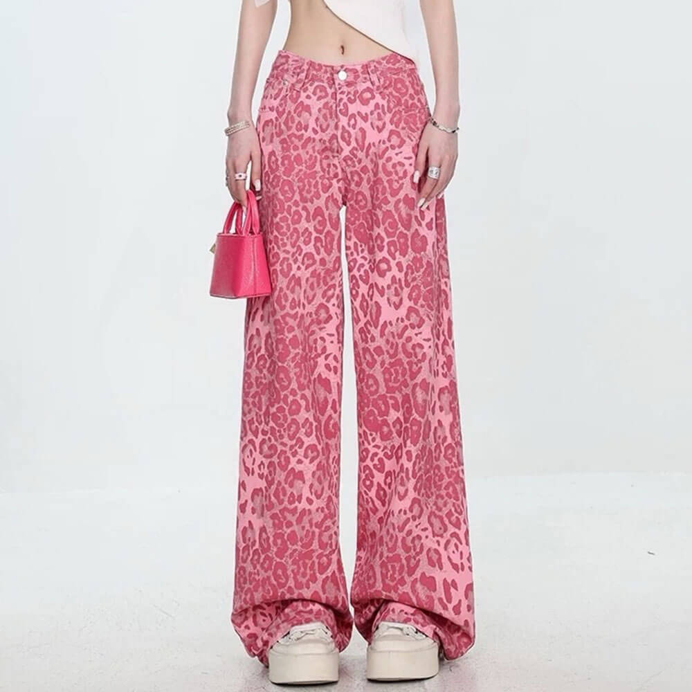 Y2K FLARED DENIM JEANS WITH LEOPARD PRINT PATTERN