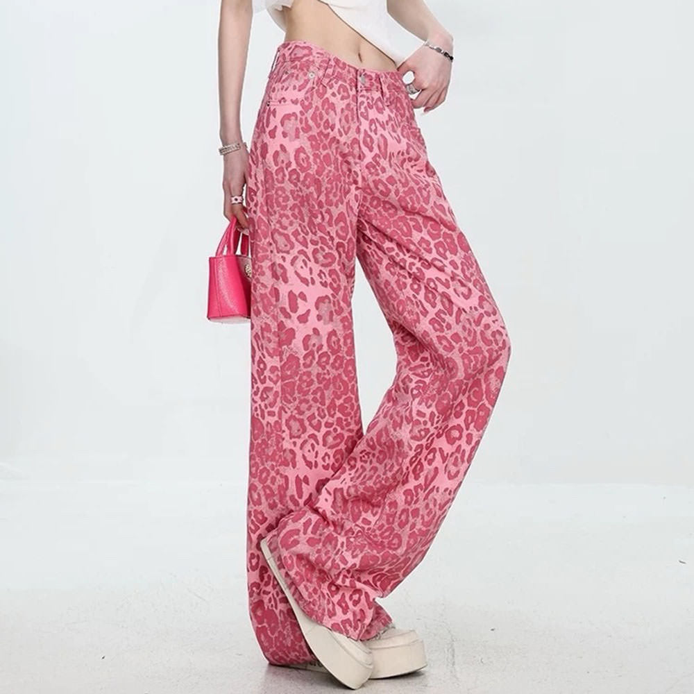 Y2K FLARED DENIM JEANS WITH LEOPARD PRINT PATTERN