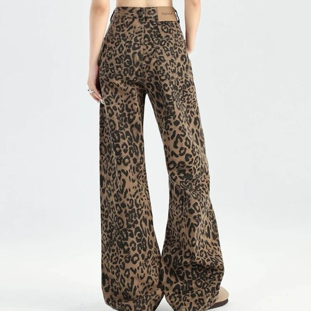 Y2K FLARED DENIM JEANS WITH LEOPARD PRINT PATTERN