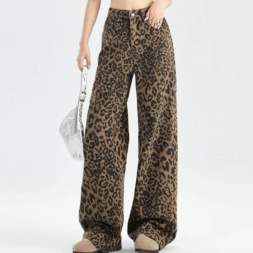 Y2K FLARED DENIM JEANS WITH LEOPARD PRINT PATTERN