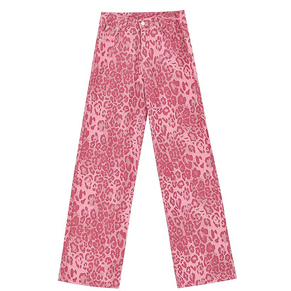 Y2K FLARED DENIM JEANS WITH LEOPARD PRINT PATTERN