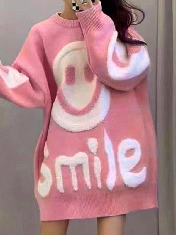 Y2K SMILEY FACE SWEATER WITH SMILE PRINT