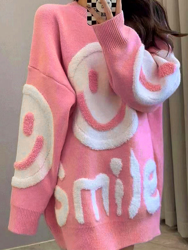 Y2K SMILEY FACE SWEATER WITH SMILE PRINT