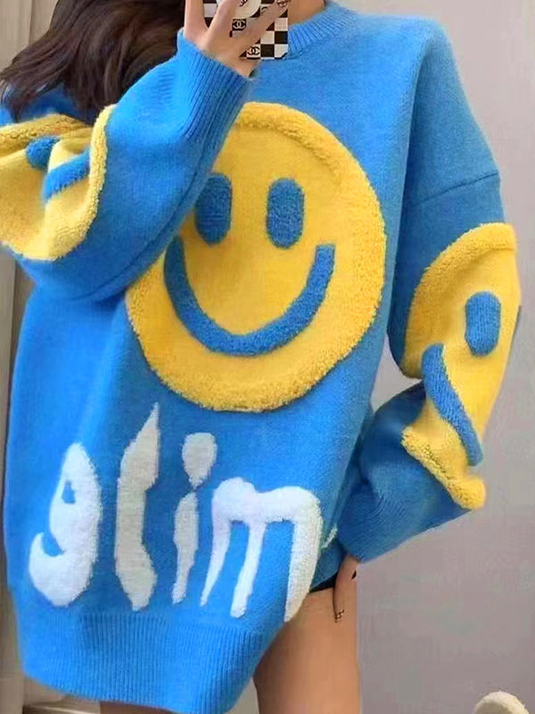 Y2K SMILEY FACE SWEATER WITH SMILE PRINT