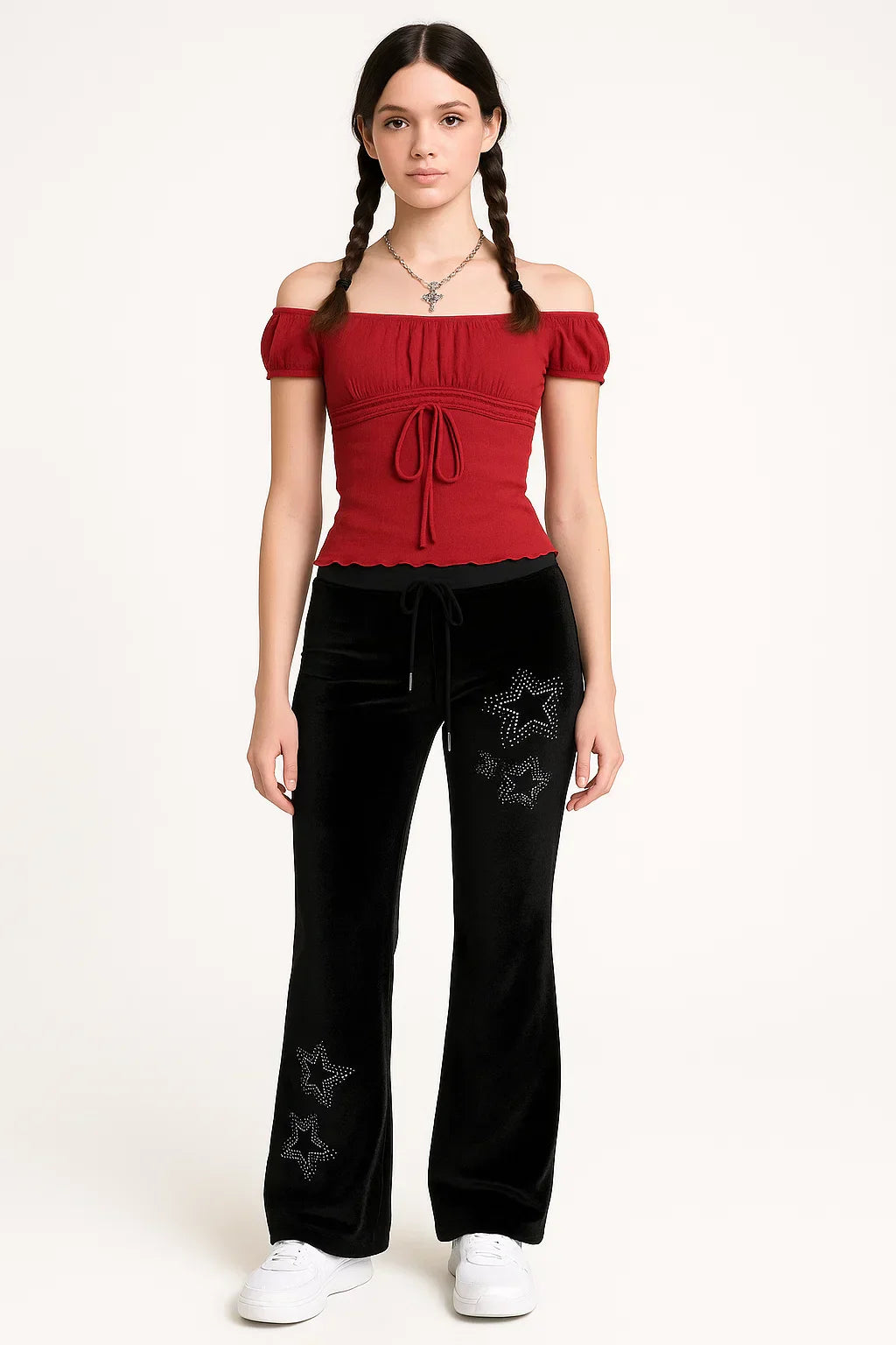 Y2K STARLIGHT OUTFIT - WOMAN IN RED OFF-THE-SHOULDER TOP AND VELOUR PANTS