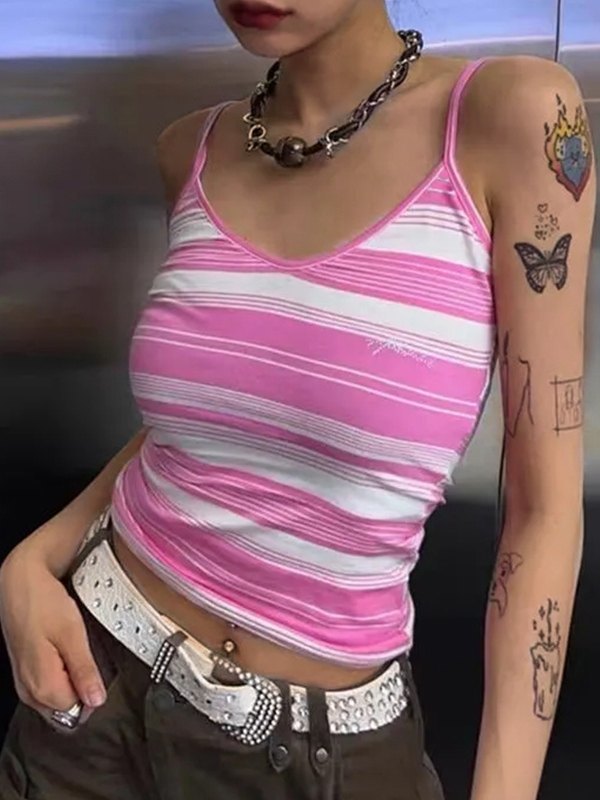Y2K STRIPE CROP TANK TOP IN PINK AND WHITE STRIPES