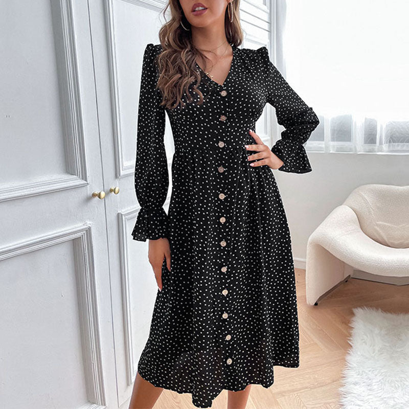 Autumn women's temperament black wave dot long sleeve dress - Closther