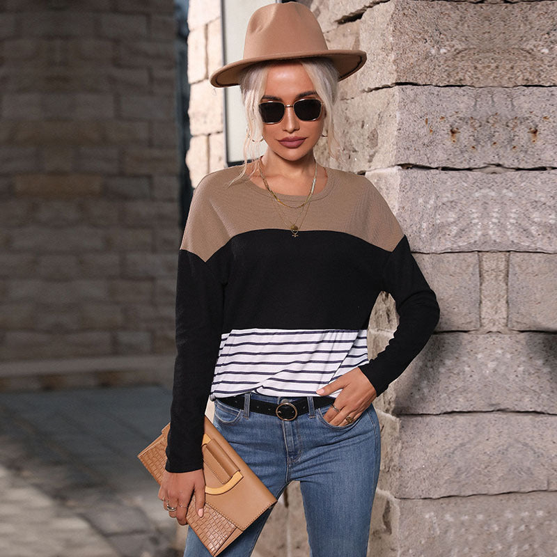 Women's Long Sleeve Panelled Loose Striped Knit Sweater - Closther