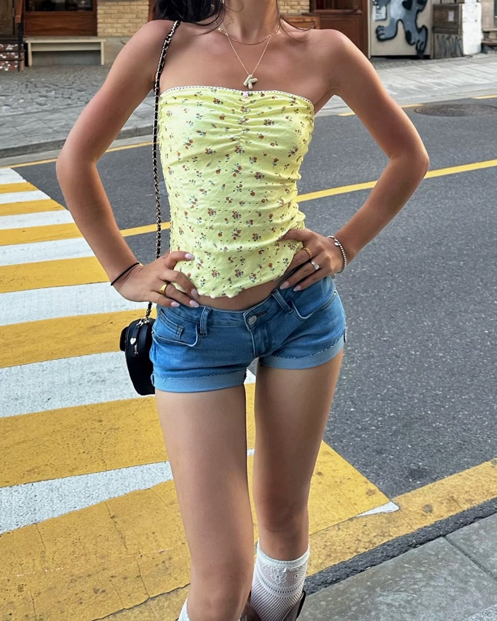 YELLOW FLORAL STRAPLESS TOP FOR WOMEN