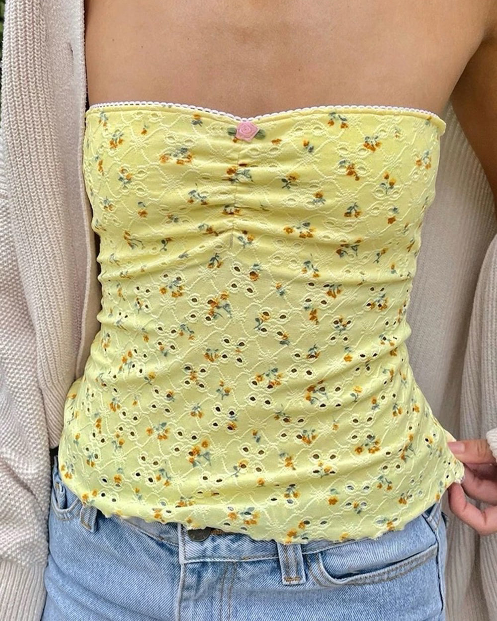 YELLOW FLORAL STRAPLESS TOP FOR WOMEN