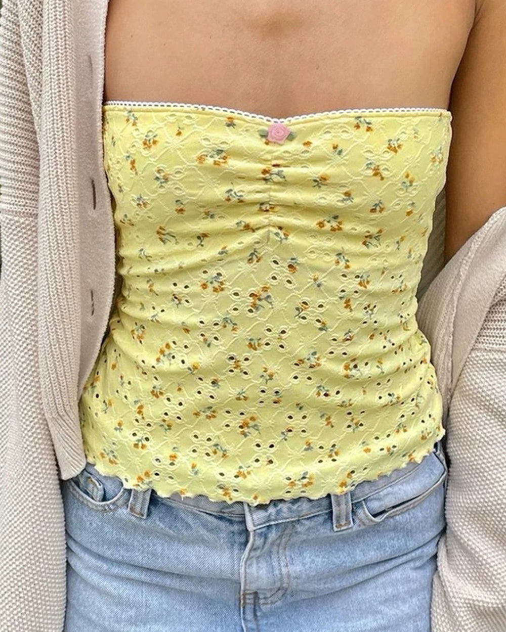 YELLOW FLORAL STRAPLESS TOP FOR WOMEN