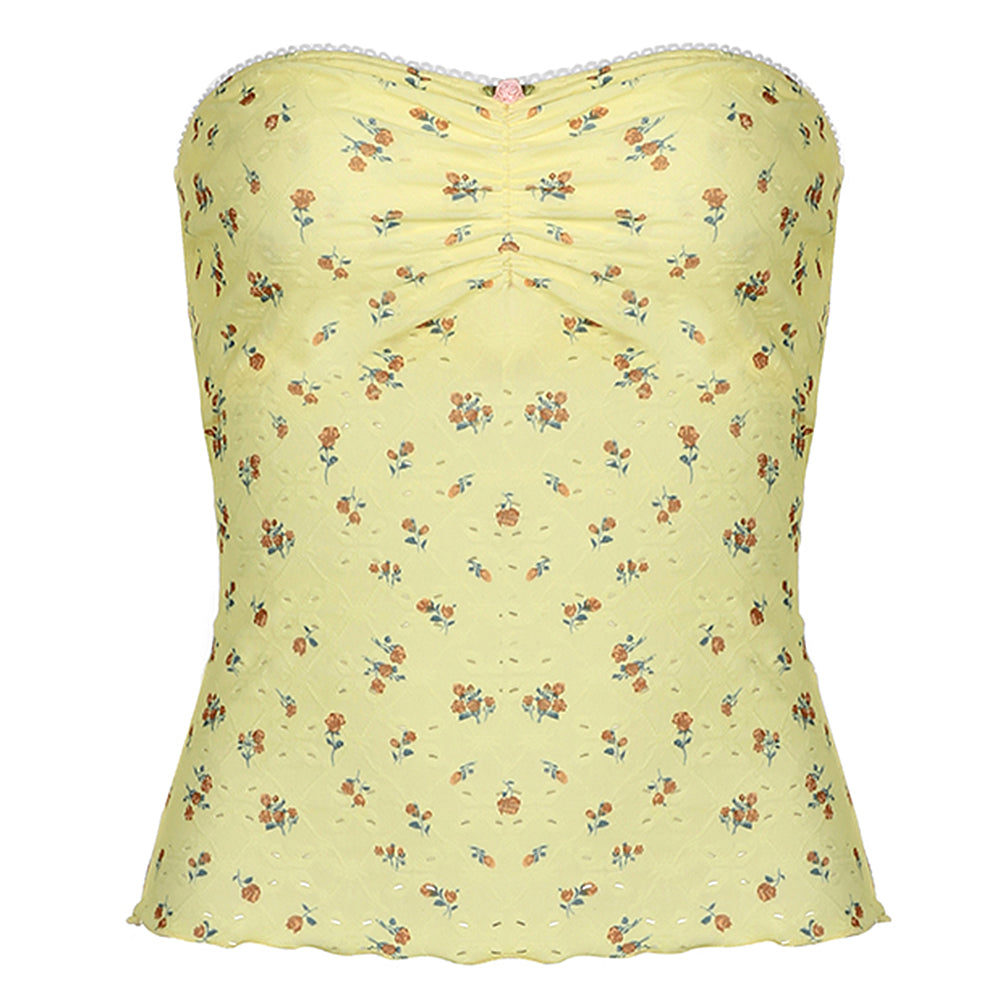 YELLOW FLORAL STRAPLESS TOP FOR WOMEN